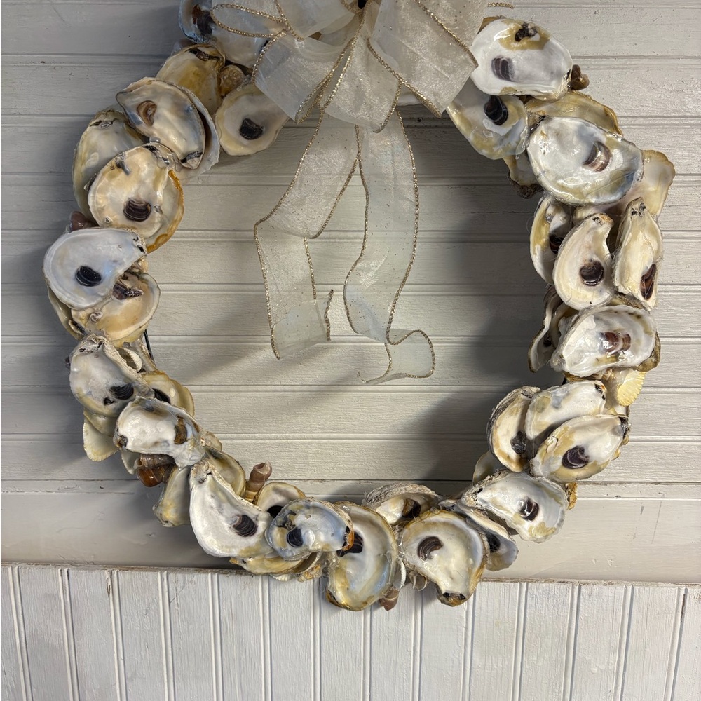 Elegant Oyster Shell Holiday Wreath with Ribbon